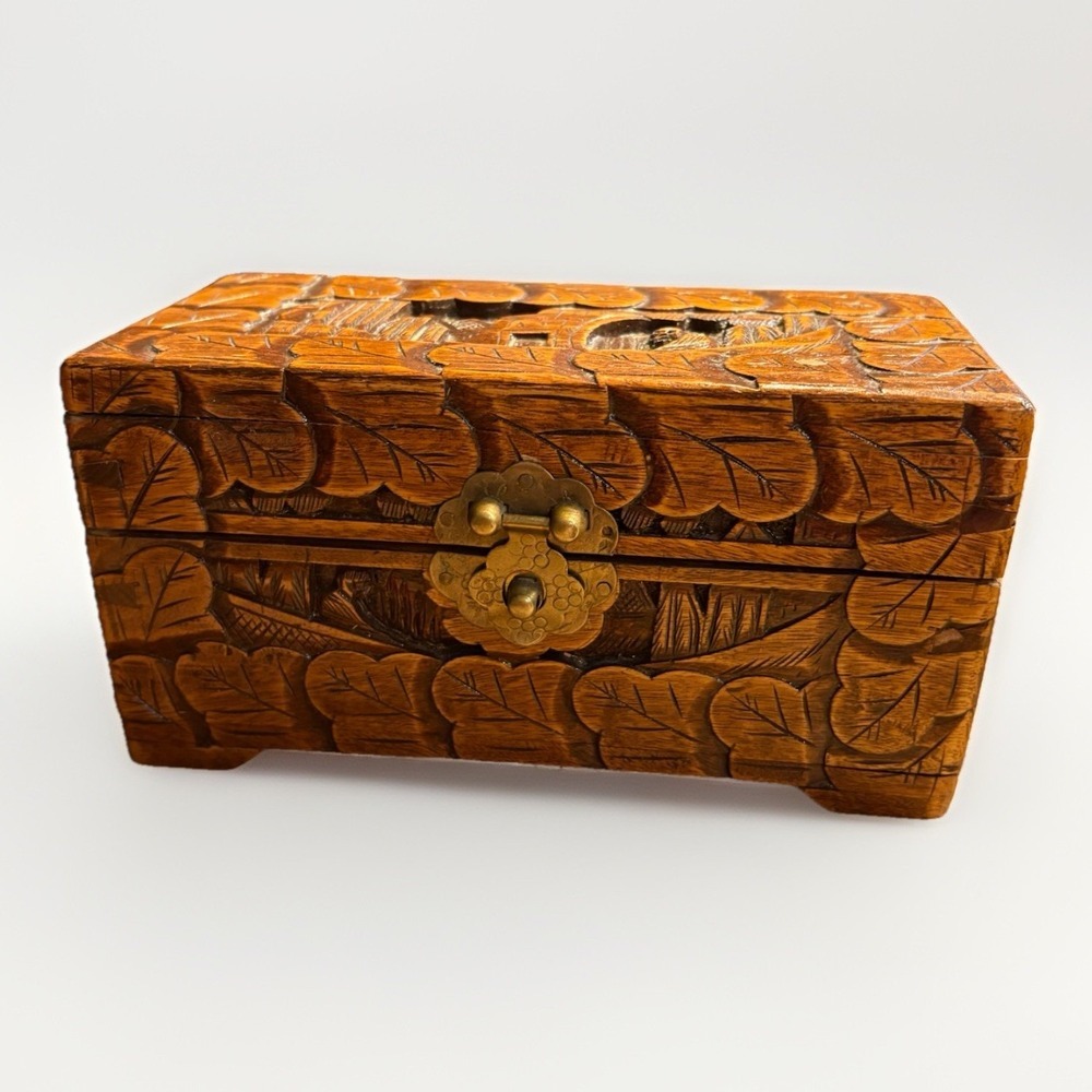 Vintage Hand Carved Camphor Wood Asian Chest Trinket Jewelry Box 8x4x4"